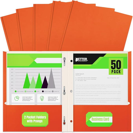 Better Office Products Orange Paper 2 Pocket Folders with Prongs, 50 Pack, Matte Texture, Letter Size Paper Folders, 50 Pack, with 3 Metal Prong Fastener Clips, Orange