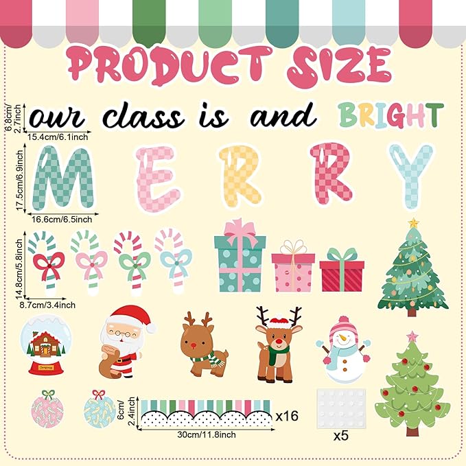 Christmas Classroom Bulletin Board Decorations Santa Xmas Tree Snowflake Cutouts Our Class is Merry and Bright Paper Cutouts Xmas Classroom Decor for Wall Chalkboard Decor Supplies