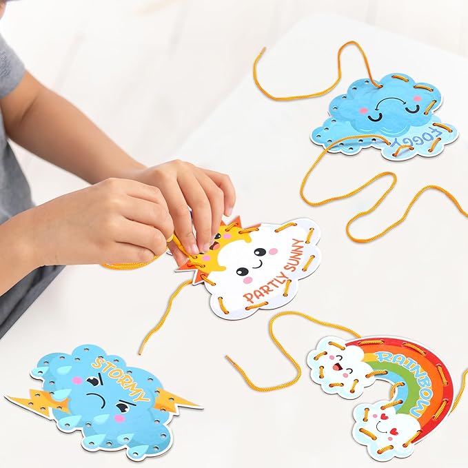 Funrous 10 Pieces Kids Recognition Lacing Cards Thick Cardboard Educational Sewing Cards Double Sided Lacing Playing Games for Children Toddler Preschool Developing Imagination Supplies (Weather)