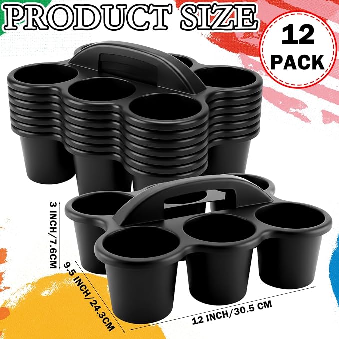 12 Pack Classroom Caddy Organizer with Handle Plastic Cup Caddy 6 Compartment Organizer School Storage Supplies for Table Crayon Pencil Cup Marker Craft School Home Office(Black)