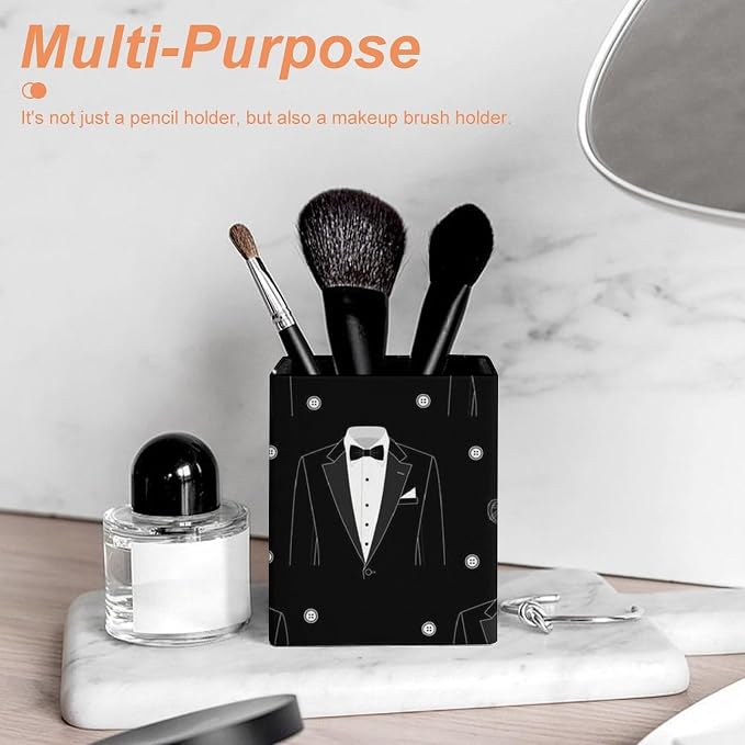 Holder Cup Makeup Brush Storage Organizer, Waterproof Multifunctional Office Supplies, Pen Holder Square Leather Pencil Black Tuxedo