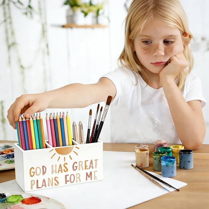 Boho Christian Kids Pen Pencil Holder for Desk, Boho Classroom Decor, God Has Great Plans for Me Bible Verse Wooden Box Sign Decorations for Kids Room Bedroom Playroom Desk Tabletop