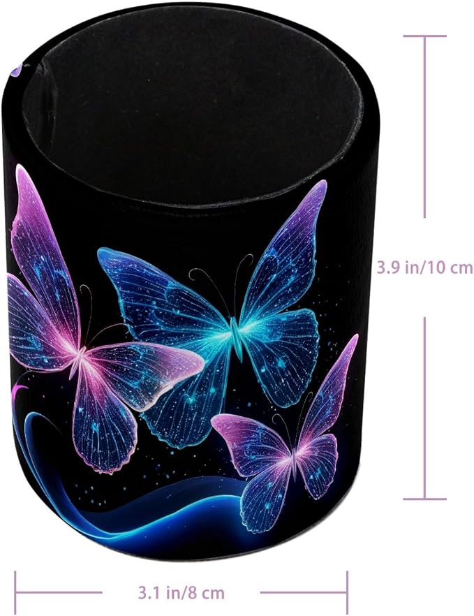 Leather Pen Holder for Desk, Blue Glitter Butterfly Makeup Brushes Holder Pencil Cup Multifunctional Desktop Organizer Caddy for Home School Office Desk Accessories