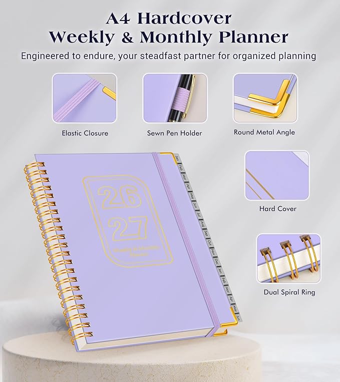 Planner 2026-2027, 18 Months Weekly and Monthly Hardcover Planner, January 2026 - June 2027, 8.5" x 11" A4 Large Daily Calendar Planner Book with Tabs, Spiral Yearly Agenda Organizer Notebook for School Work Home, Purple