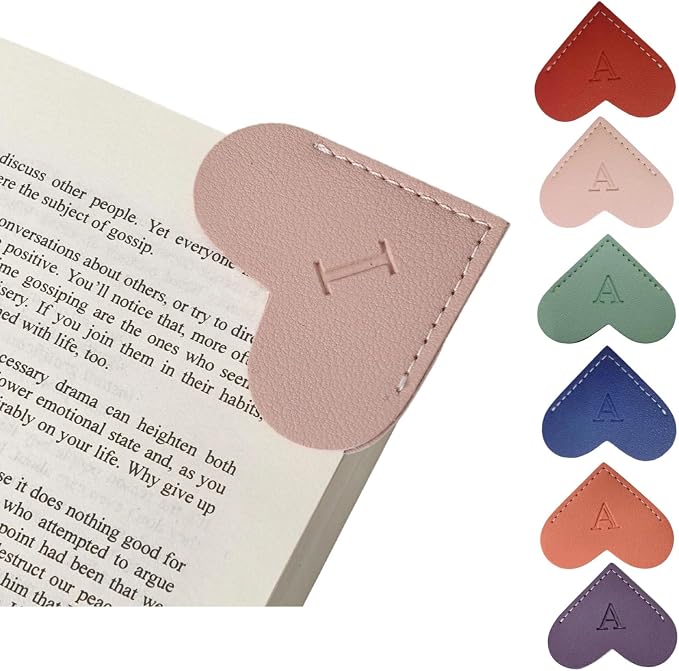 Personalized Leather Heart Bookmarks with Initials, 26 Letters Custom Corner Book Mark for Reading Women,Teacher, Student, Book Lovers Readers, Meaningful Gifts (Red+Pink,I)