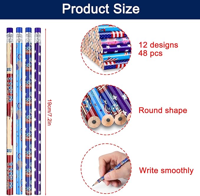 American Flag Themed Wood Pencils with Eraser, 48pcs Patriotic Pencils in 12 Designs, USA Flag Gifts Pencil for 4th of July USA Independence Day Parades Party Favors School Office Supplies