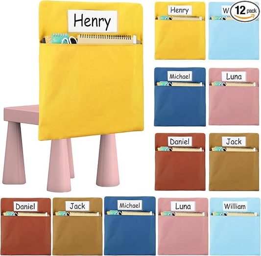 gisgfim 12 Pcs Chair Pockets for Classroom 17 x 20 Inch s with Name Tag for Classroom Chairback Pouch Bag Organizer for Student Elementary School Daycare Supply (Groovy)