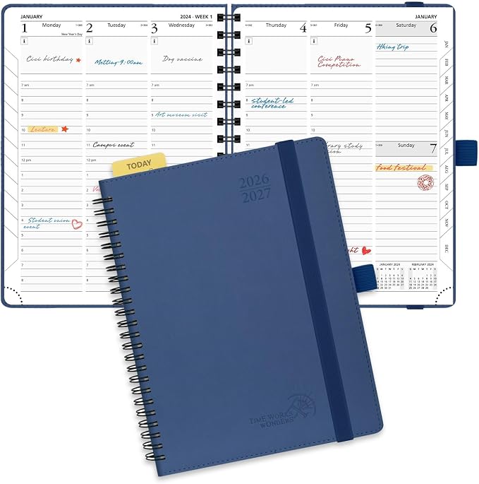 POPRUN Planner 2026-2027 (Medium - 6.5'' x 8.5'') Academic Weekly Calendar (July 2026 - June 2027) with Hourly Time Slots, Monthly Tabs, 100GSM Thick Papers, Spiral Leather Cover - Navy Blue