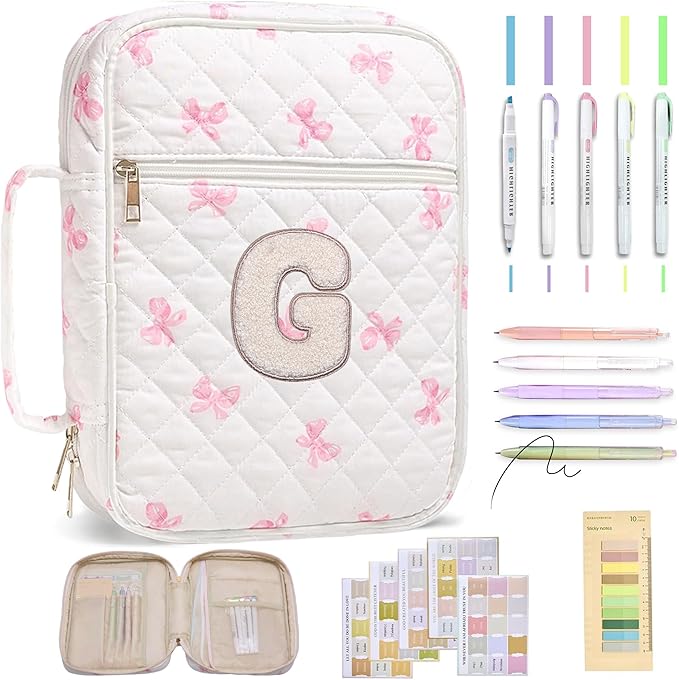Personalized Initial Bible Cover Case for Women – Large Quilted Bible Bag with Handle, Chenille Letter, Bible Study Kit, Christian Gift for Mom, Grandma & Daughter (Pink Bow-G)