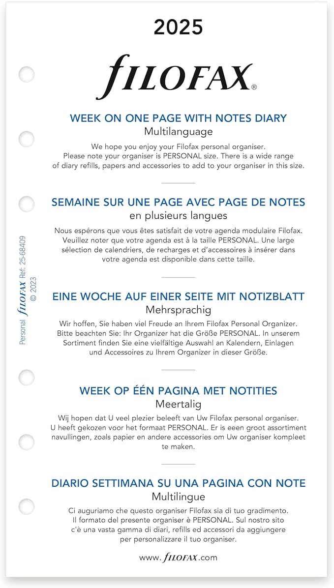 Filofax Calendar Diary Refill, Personal/Compact Size, Week on One Page with Notes, White Paper, Multilingual: Five Languages, 2025 (C68409-25)