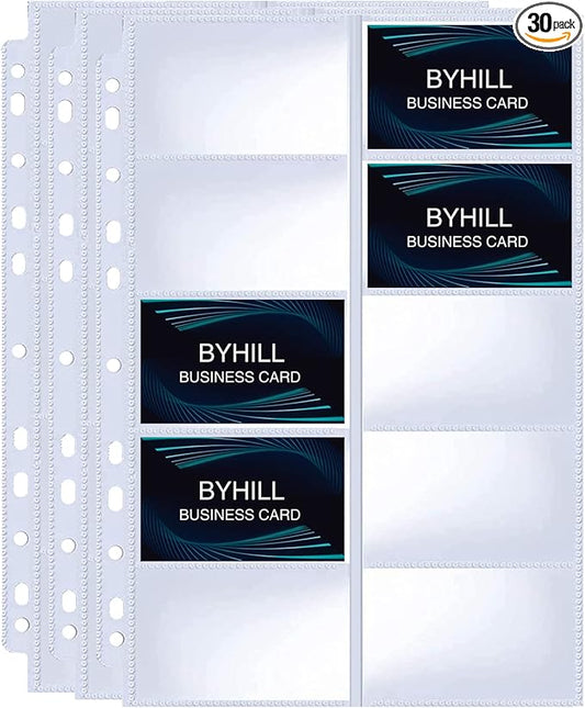 BYSTER 30 Pack 600 Pockets Business Card Sleeves Binder Sheets, Ultra-Clear Business Card Pages for 2/3/4 Ring Binder, Double Sided 10 Pocket Credit Card Pages