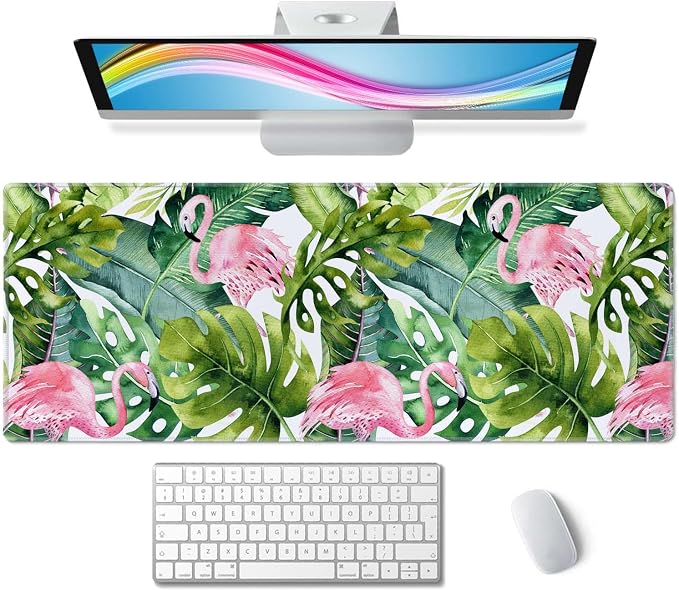 Large Gaming Mouse Pad with Stitched Edges, Watercolor Tropical Palm Tree with Flamingo Desk Mat Extended Keyboard Pad, Non-Slip Rubber Base Desk Pad for Keyboard and Mouse, 31.5X11.8 inch