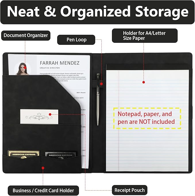 Professional Padfolio Portfolio Binder, Textured Embossing Faux Leather Folder Organizer for Letter Size Legal Pad Notepad Resume, Card Holder for Women Men Business Office Conference (Black)