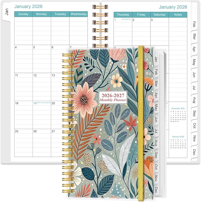 2026-2027 Monthly Planner - January 2026 - June 2027, Two Pages Per Month, 18 Monthly Calendar/Planner with Tabs, Strong Twin-Wire Binding, Inner Pocket, 3.75" x 6.5", Flower-A