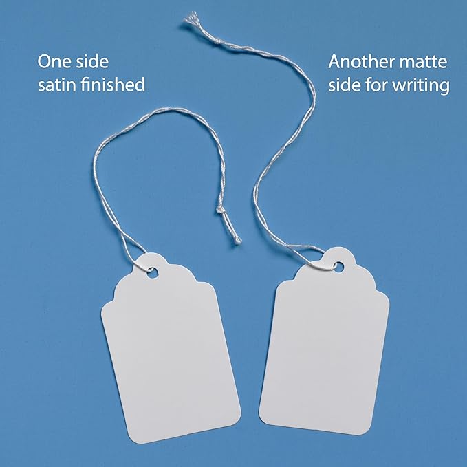 500 White Merchandise Tags #8 with String Attached – 2 3/4” x 1 11/16” – Paper Pre-Strung Marking Tags with 6” String for Pricing and Labeling