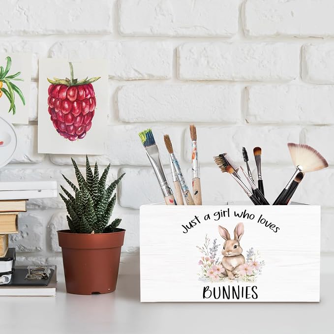 Floral Bunny Pen Holder for Desk, Rabbit Bunny Lovers Gifts Pencil Organizer, Just a Girl Who Loves Bunnies Wooden Box Sign Desk Decor for Home Office Decoration