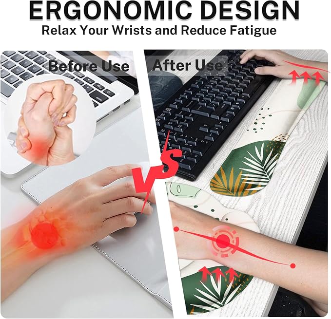 Britimes Green Boho Leaves Keyboard Mouse Pad Set 4in1 Large Mousepad+Keyboard Wrist Rest+Mouse Wrist Rest+Coaster Set with Ergonomic Design for Home Office Computer 35.4x15.7 inches