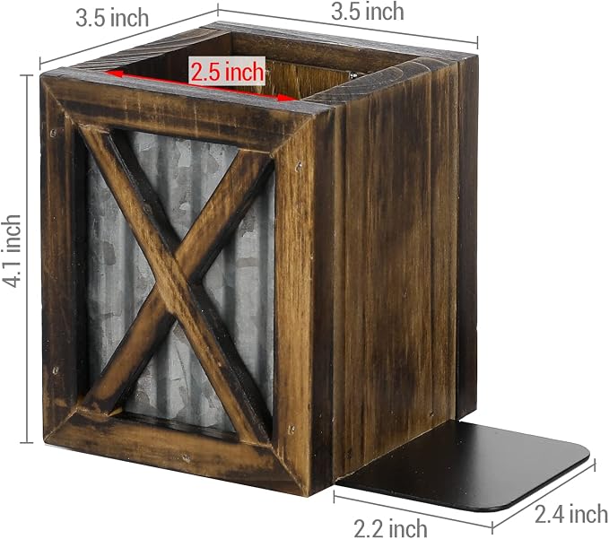 MyGift Rustic Decorative Bookends, Book Ends for Shelves with Pen Holder, for Home Office Classroom, Dorm Room, Desk, Burnt Wood with Corrugated Galvanized Metal Accent