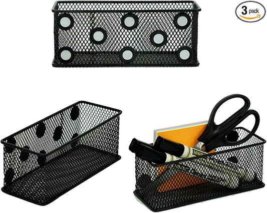 Neudeco Magnetic Locker Organizer, Wire Mesh Storage Baskets, Black | Pack of 3, Magnetic Pencil Holder, For Dry Erase Markers, Fridge, Whiteboard, School Locker