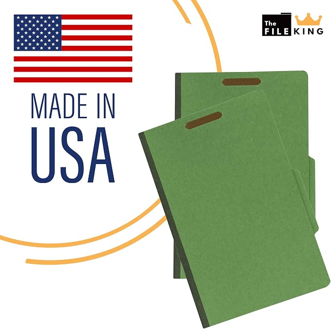 The File King Pressboard Classification Dark Green Partition File Folder | Legal Size - Box of 10 | Two Dividers | Six 2” Durable Fastener Prongs | 2/5 Cut Top Tab | 2” Expansion