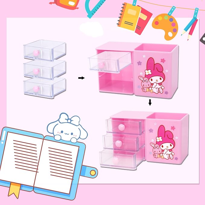 Roffatide Anime Desktop Desk Cartoon Office Supplies Container Pen Holder for Desk Cute Pencil Cup Pot Makeup Brush Holder Mini Box Pink
