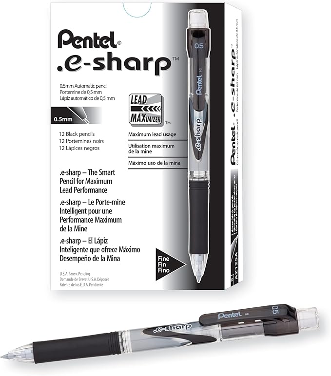Pentel E-Sharp Mechanical Pencil, 0.50 mm, Black Barrel, Dozen Box (AZ125A)