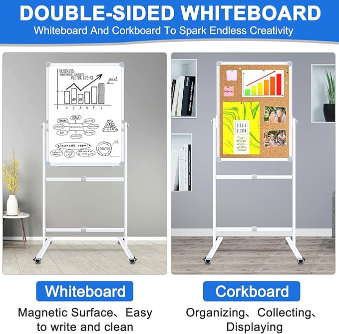Max-officoo Double Sided Cork Board and White Board 24"x36" Mobile Whiteboard with Stand, Adjustable Height and Angle Magnetic Rolling Dry Erase Board on Wheels for Office, School, Home