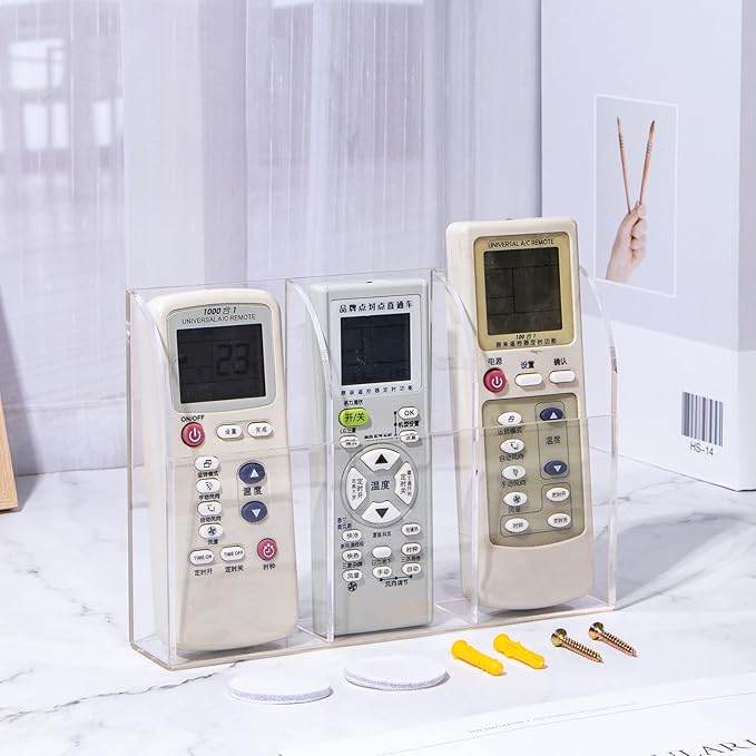 Yeeco Acrylic Remote Mount 3 Compartments, Clear Remote Control Holder, 7.9''1.6''5.6'' Wall Mount, Pen Holder for Wall, Makeup