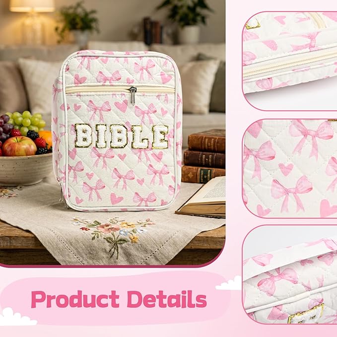 Bible Cover Case for Women Large Chenille Letter Bible Bag with Handle Quilted Bible Carrying Case for Girls Bible Study Supplies Accessories (Pink Bow)