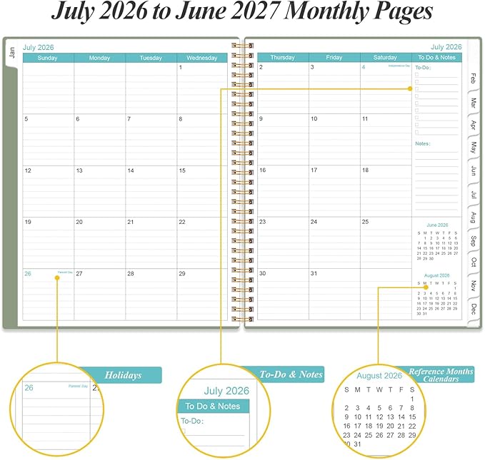 2026-2027 Planner - 8.5" x 11" Weekly Monthly Planner from July 2026 to June 2027 with 12 Monthly Tabs, Inner Pocket, Elastic Closure, Green