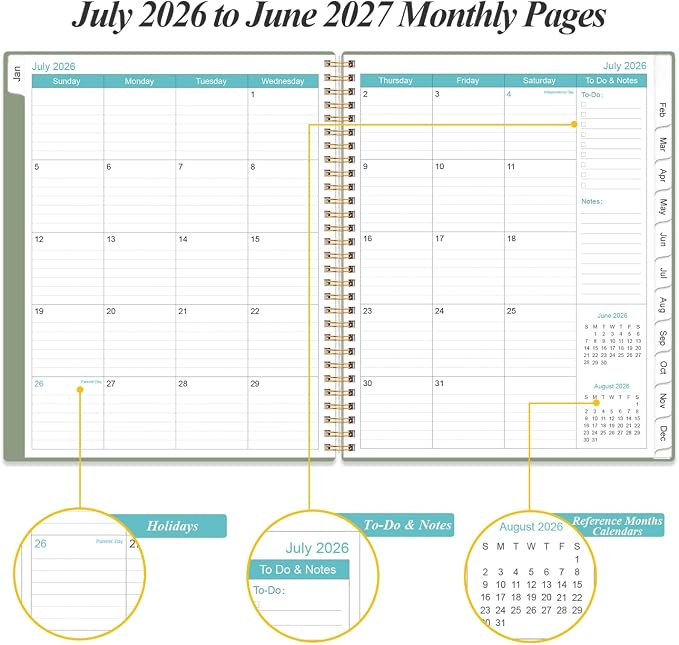 Planner 2026-2027 For Women & Men - Monthly and Weekly Calendar Planner from July 2026 - June 2027, Student Planning with 12 Tabs for Office School Supplies, Inner Pocket, 8.5" x 11", Green