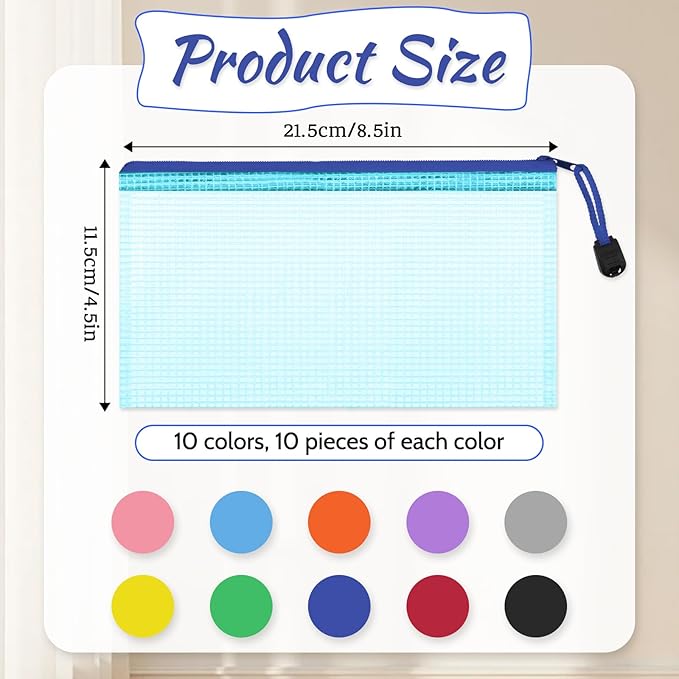 100 Pcs Mesh Zipper Pouch Bulk, 8.5 x 4.5 Inch Clear Plastic Pencil Pouches Small Waterproof Pencil Case Pouch for Stationary, Cosmetics, Bill, Envelopes Storage (10 Colors)