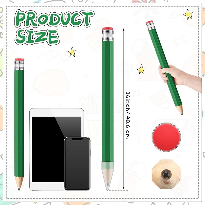 16 Inch Wooden Large Jumbo Pencils Giant Big Funny Wood Pencil with Cap and Eraser Fun Novelty Gifts for Kids School Kindergarten Home Office Prop Supplies(Green)