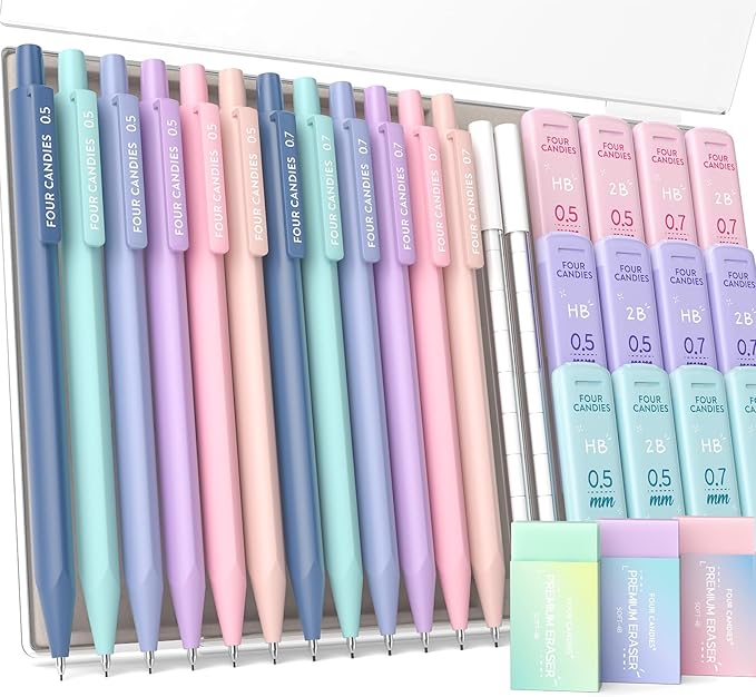 Four Candies 12PCS Cute Mechanical Pencil Set with 741 Leads & Erasers, 0.5 mm & 0.7mm, Pencils Mechanical with 720PCS (HB & 2B) Lead Refills & 21PCS Erasers & Storage Case for Writing & Drawing
