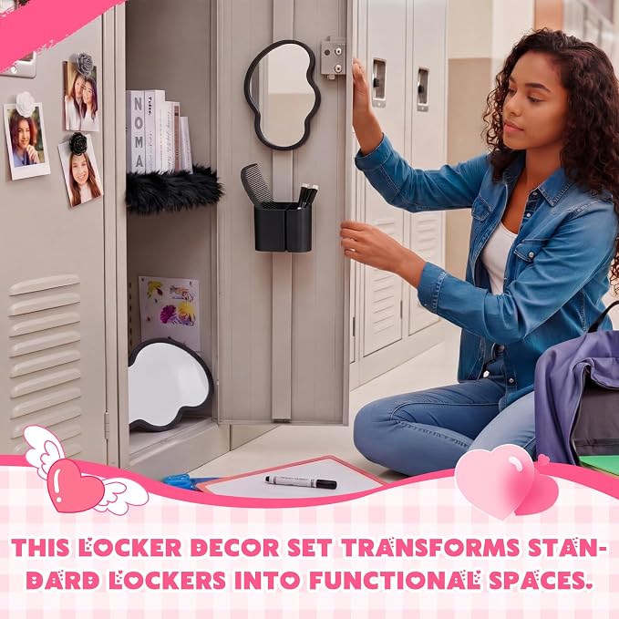 Sabary 10 Pcs Locker Accessories Kit Locker Decorations Supplies Including Magnetic Whiteboard Mirror Organizer Markers Rug Cute Flower Magnets and Comb for Office Back to School Essentials(Black)