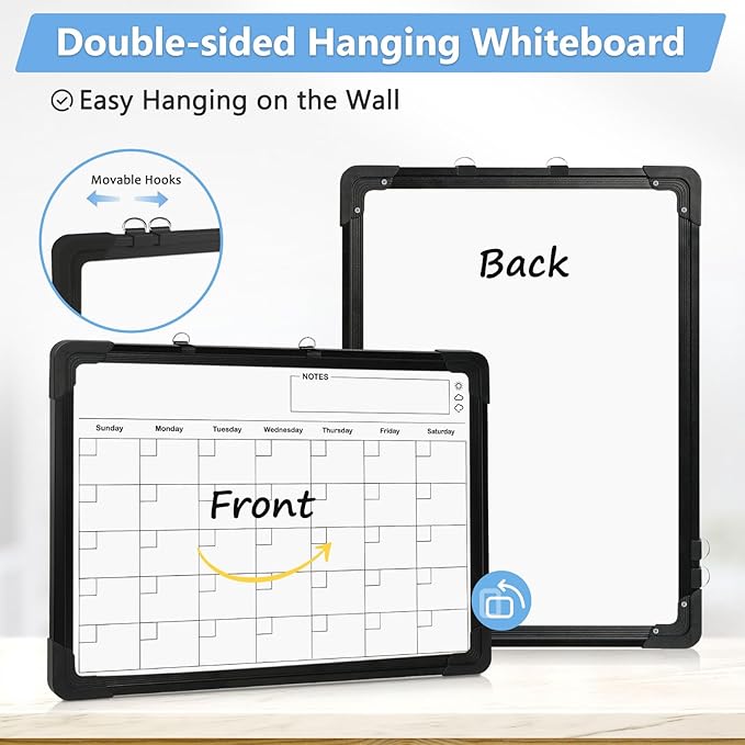 Double-Sided White Board Calendar, 16" x 12" Black Dry Erase Calendar Whiteboard Calendar for Wall Magnetic Hanging Calendar Whiteboard for Drawing, Kitchen, Planning, Memo, Home, Office