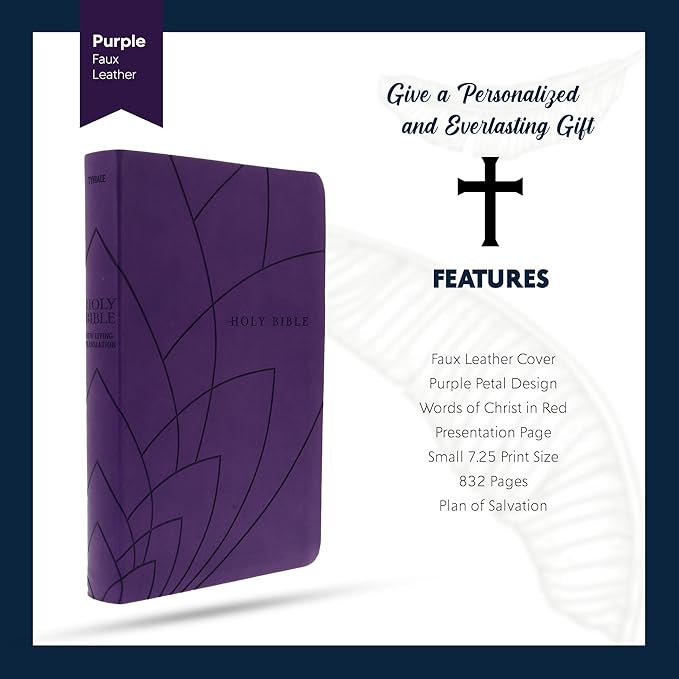 Personalized NLT Bible Faux Leather New Living Translation Bible Small Print Size with Petal Design | Custom with Name, Date or Text | Gift for Religious Celebrations | Purple