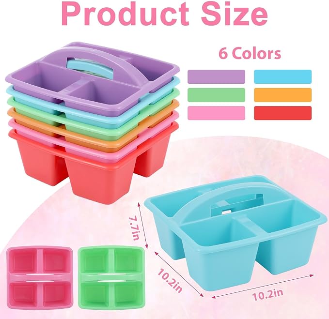 6 Pack Assorted Colors Classrooms Caddy 4 Compartment Classroom Caddy Compartment Caddies Set Table Caddies Classrooms with Handle for Classroom Organization Table Desk Office Supplies(Rainbow)