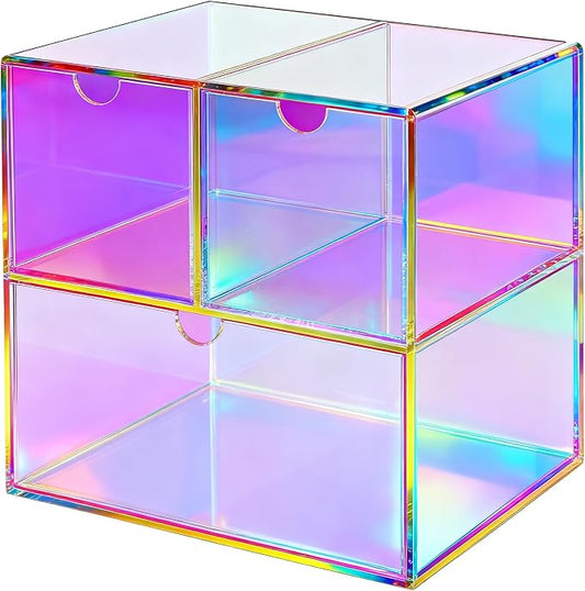 Gelite Desk Organizer with 3 Storage Drawers for Makeup Office Acrylic Desktop Drawer Organizer for Vanity Office Organization and Storage Box, Iridescent