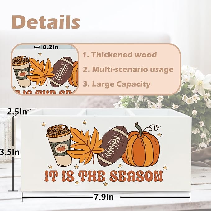Fall Football Pen Holder for Desk, Autumn Coffee Pumpkin Maple Leaf Wooden Box Sign Desk Decor for Home Office Decoration, Rustic Fall Pencil Organizer, Football Lover Gifts