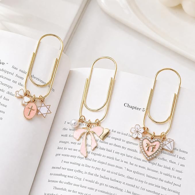 Wxiben Bow Paper Clip Bookmark - 3 Pcs Cross Metal Paperclip Book Mark with Charms Page Marker Planner Decorative Paper Clips Gifts for Notebook Women Reading Book Lover School Accessories