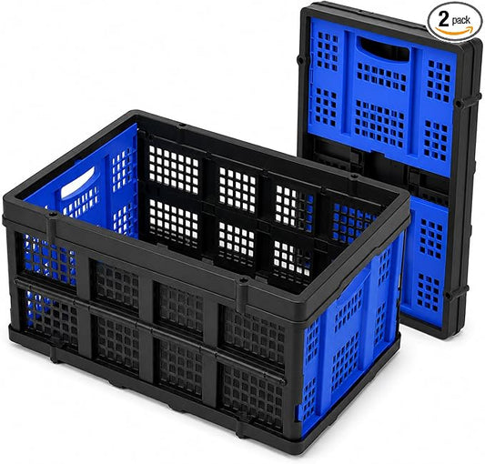 Collapsible Storage Crates 2 Pack, Heavy Duty Foldable Plastic Storage Bins, Stackable Garage & Trunk Organizers for Car, Home, Grocery & Moving Storage, 49L, Blue