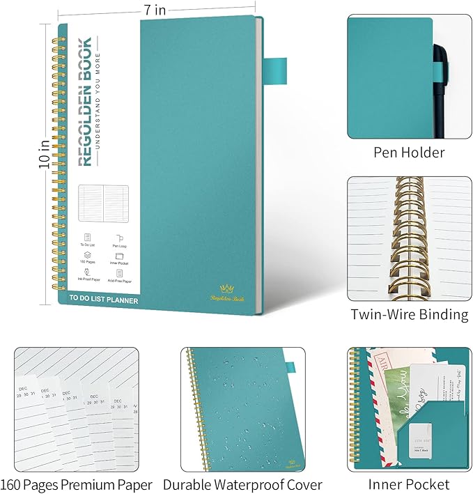 Regolden-Book To Do List Notebook, Daily Planner for Work, Project Tasks & Personal Organizer, Checklist Man/Women, Pocket, Pen Loop, 160 Pages (7"x10")