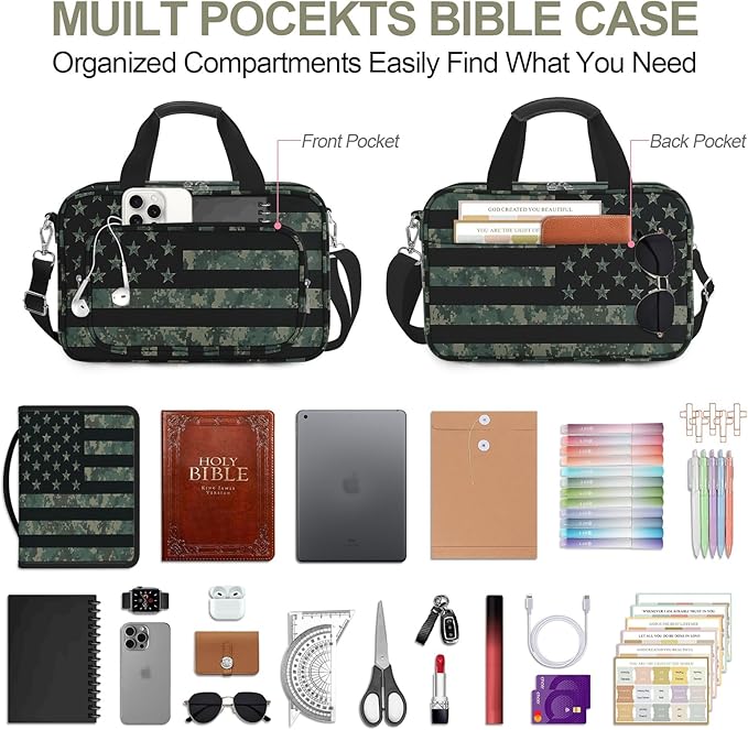 American Flag Caom Bible Cover Case for Men Boys, Large Kids Tactical Bible Carrying Book Case Church Bag, Bible Study Supplies Journaling Kit, Highlighters,Pens Cross Clips, Christian Gifts