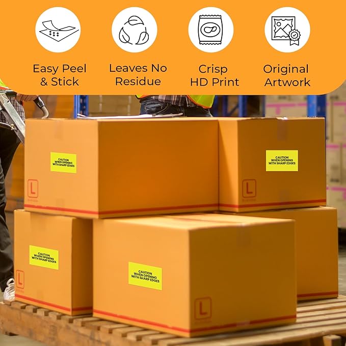 StickerJet Caution When Opening with Sharp Edges – Warehouse Receiving Labels – 3"x5" Rectangle Labels – 500 Qty/Roll – Paper, Easy Peel and Stick, Strong Adhesive, No Residue, Made in USA