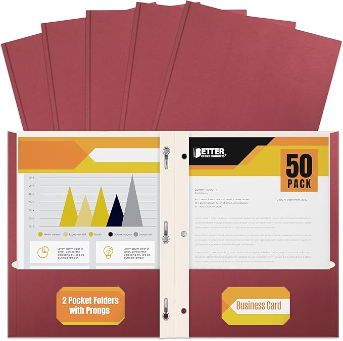 Better Office Products Burgundy Paper 2 Pocket Folders with Prongs, 50 Pack, Matte Texture, Letter Size Paper Folders, 50 Pack, with 3 Metal Prong Fastener Clips, Burgundy Red