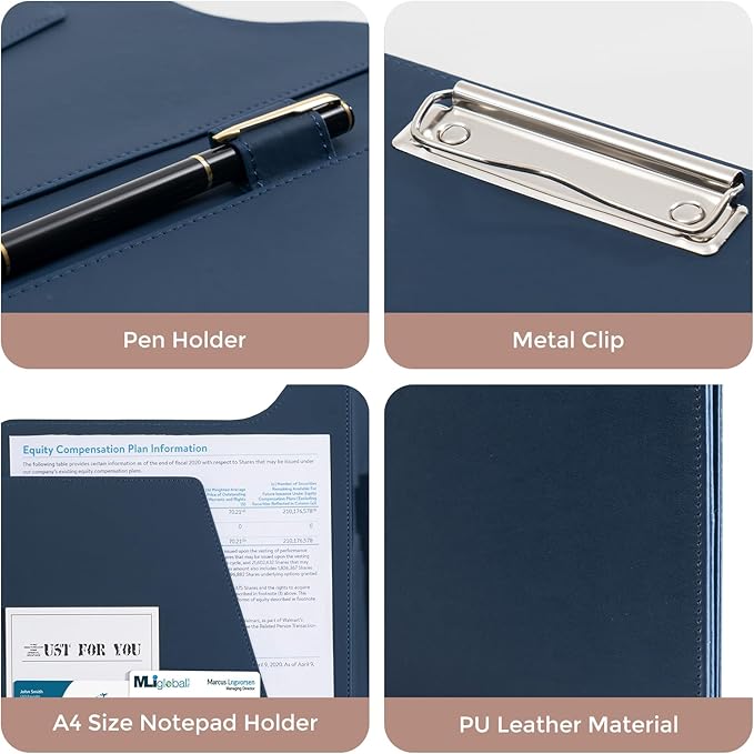 ProCase Clipboard Folder Portfolio, A4 Leather Padfolio Clipboard, Professional Business Portfolio Folder for Interview Resume Office Conference -Darkblue