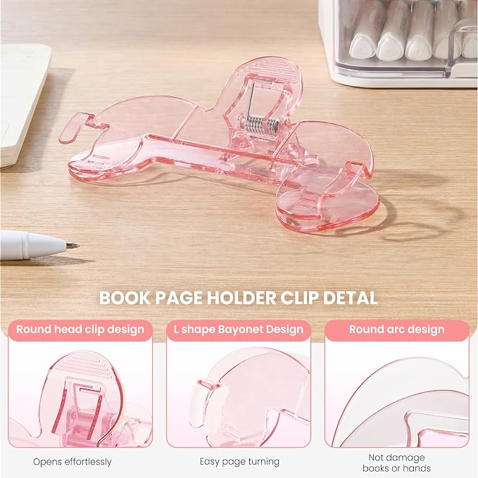 Transparent Book Page Holder for Reading, Large Book Clips to Hold Book Open, Page Holder Clip for Fixing Music Book, Page Marker for Teaching, Cooking （Pink）