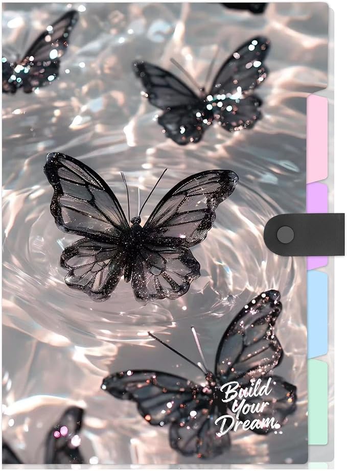 Cute Expanding File Folder - 5 Pockets Accordion Document Organizer, Waterproof Poly Plastic, A4/Letter Size for School Office Home - Butterfly Black