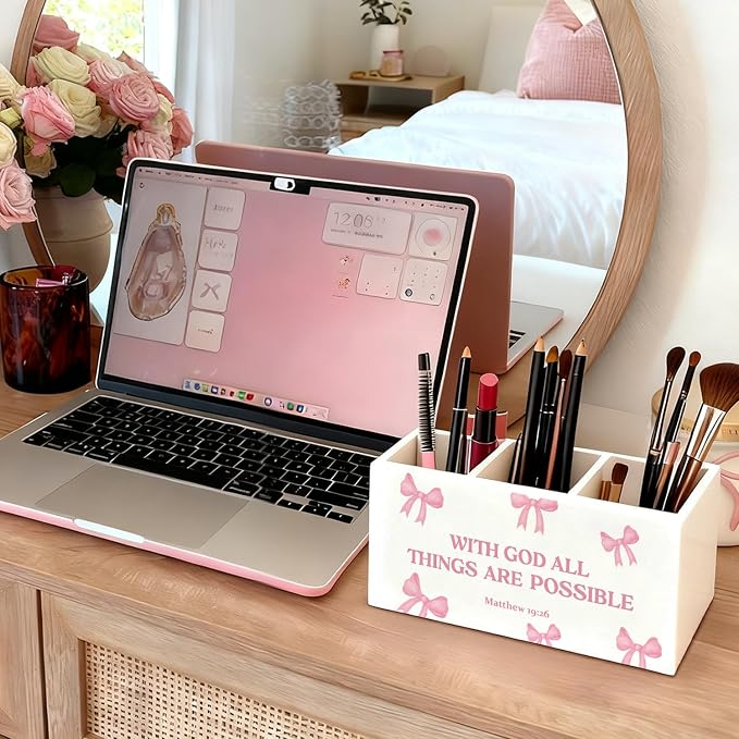 Coquette Pink Bow Christian Pen Pencil Holder for Desk, Christian Gifts for Women, With God All Things Are Possible Wooden Box Sign Decorations for Girly Room Bedroom Dorm Office Desk Tabletop